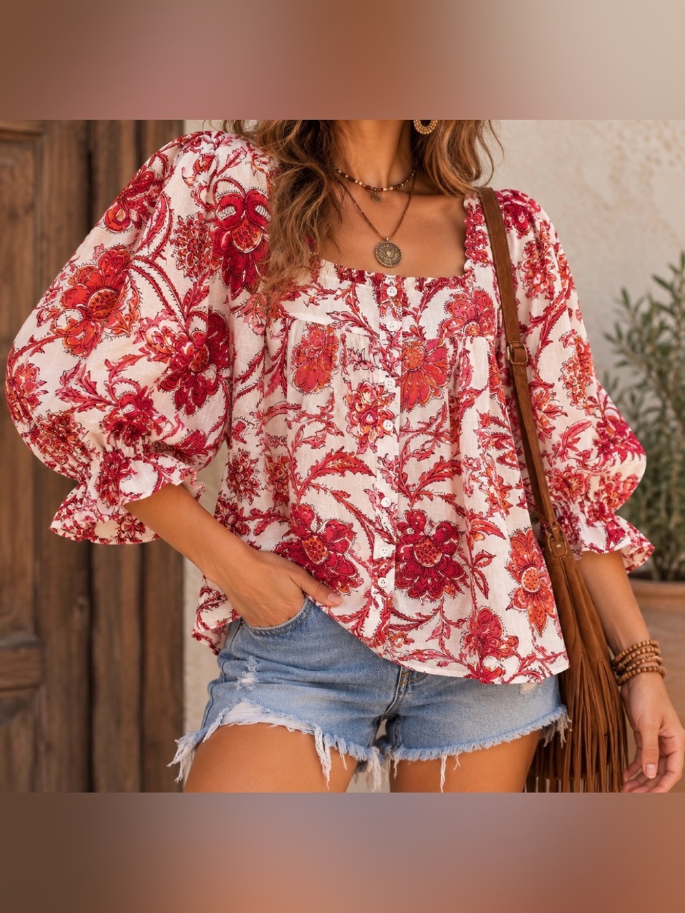 Nicole Miller Linen Blend Botanical Motif Square-Neck Puff Sleeve Flowy Top - M